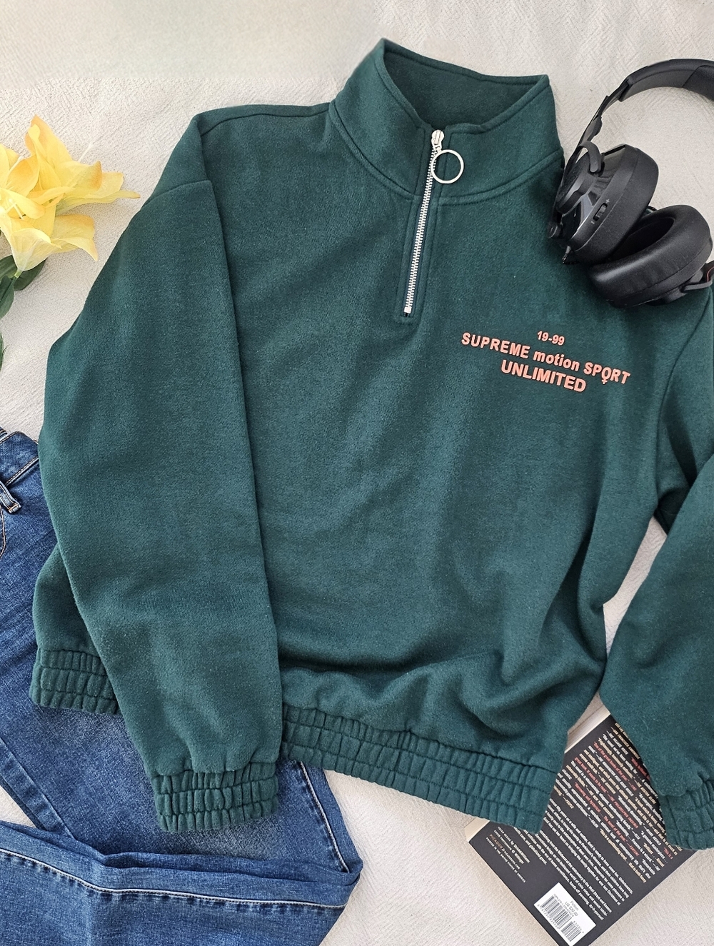 Dark Green Quarter Zip Pullover Sweatshirt L